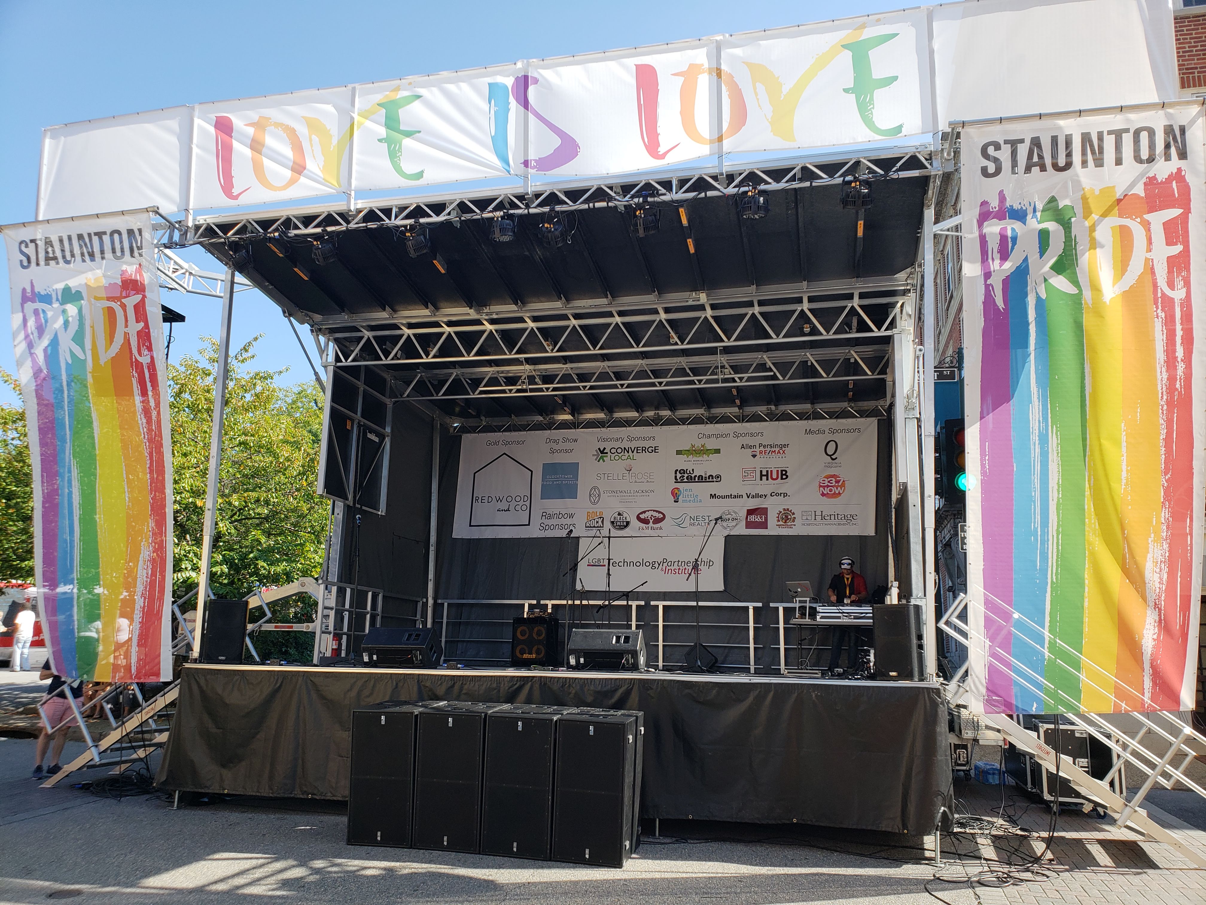 An SL100 mobile stage with full banner kit is set up for Staunton Pride Festival