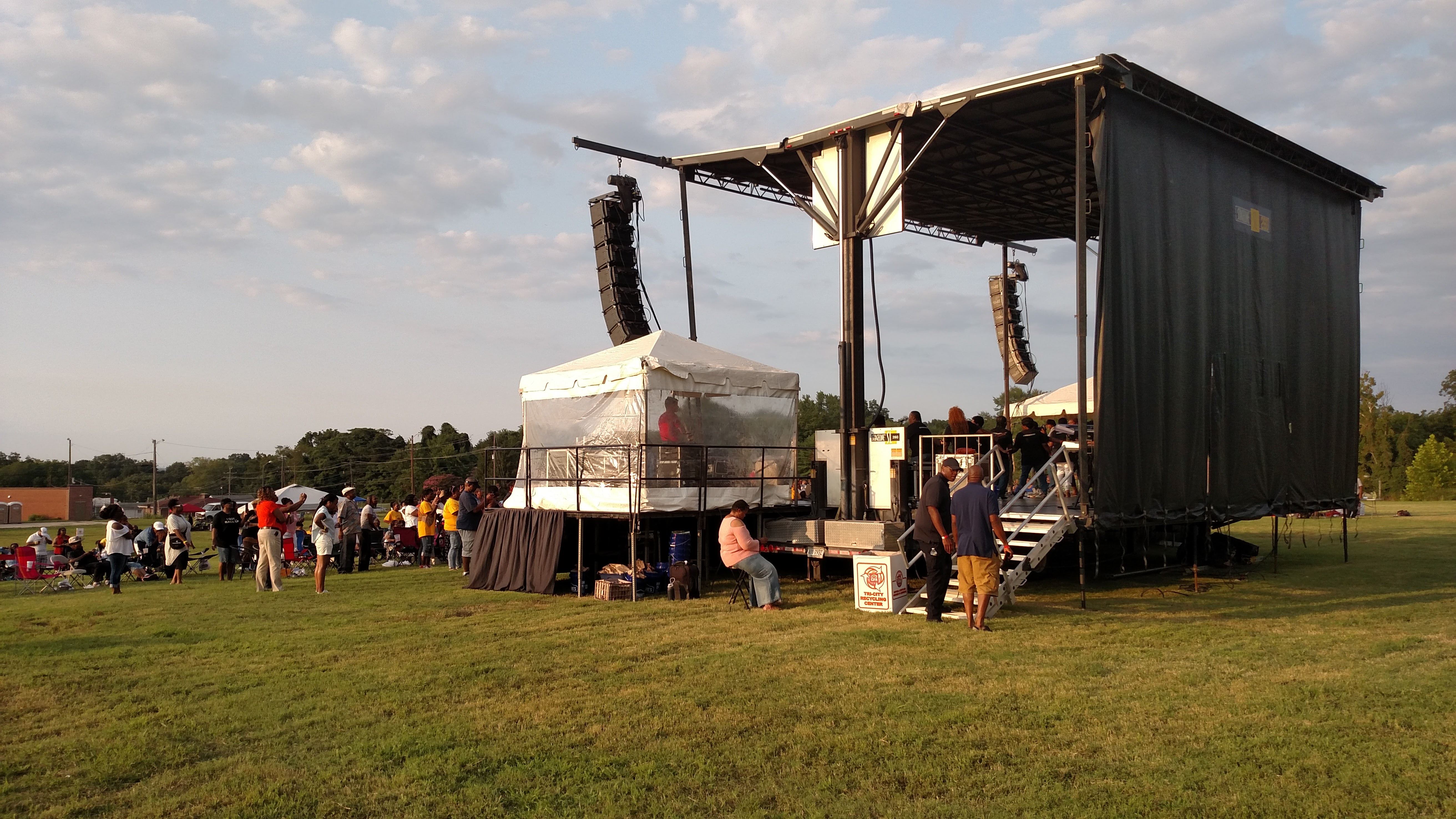 Stageline SL260 is setup for event in Petersburg VA, showing view from the rear of the stage